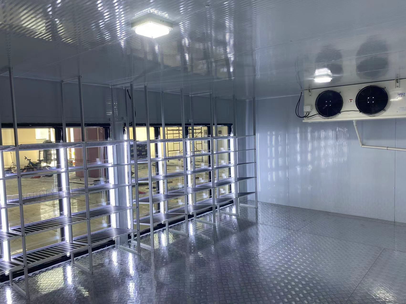 Metal shelves run behind the glass-door frontage. The photograph shows the internal floor, ceiling lights and a wall-mounted air cooler.